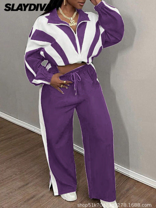 Black and white color-blocked top and wide-leg pants two-piece casual sportswear set, stylish and relaxed.