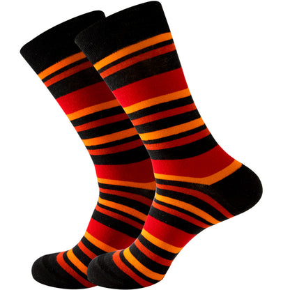 The same style striped men's and women's socks, trendy and colorful, for street wear, featuring a bold and unique design in mid-calf length.