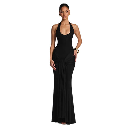 Women's pleated ribbon-spliced halter top long dress with fitted bust and draped neckline formal gown