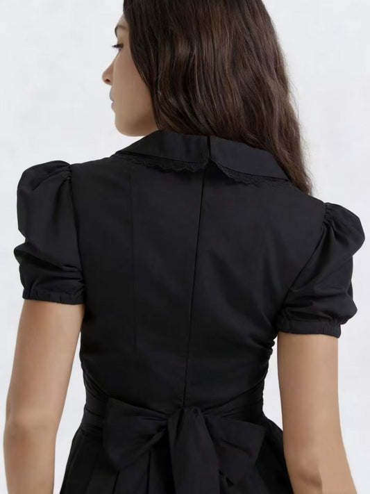 Sexy V-neck, puff sleeves, lace trim, bow, waistline, slimming effect - women's dress.