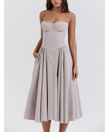 Summer off-the-shoulder dress in new style with a waistline, fashionable and sexy red strapless dress for women