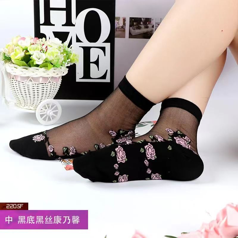 Glass fiber stockings - Children's rose flower sweet anti-slip cotton bottom stockings - Transparent mid-calf women's low-top trendy cotton stockings