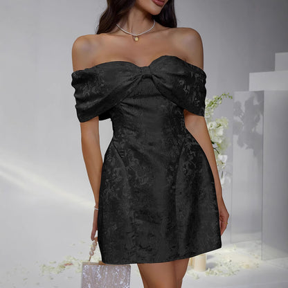 Party evening dress with a bow-shaped ruffled top and a full skirt, suitable for spring and summer seasons.