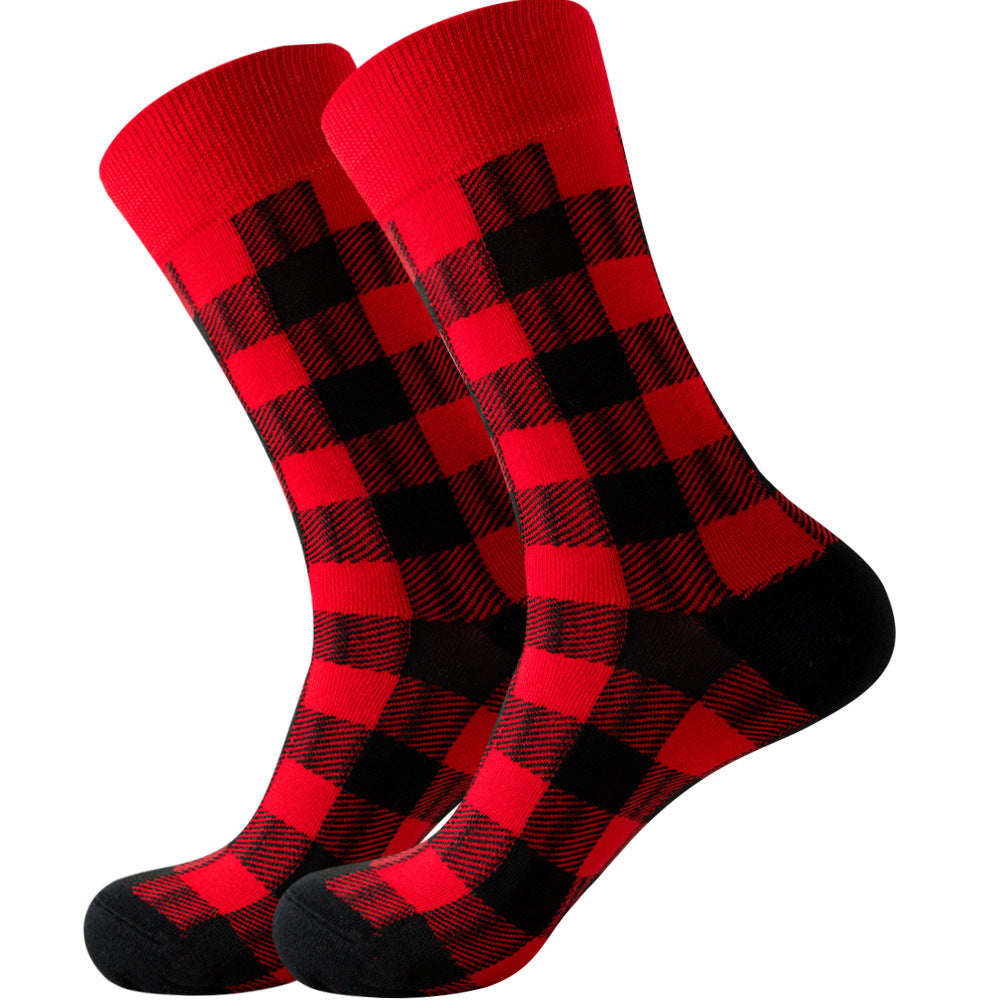 The same style striped men's and women's socks, trendy and colorful, for street wear, featuring a bold and unique design in mid-calf length.