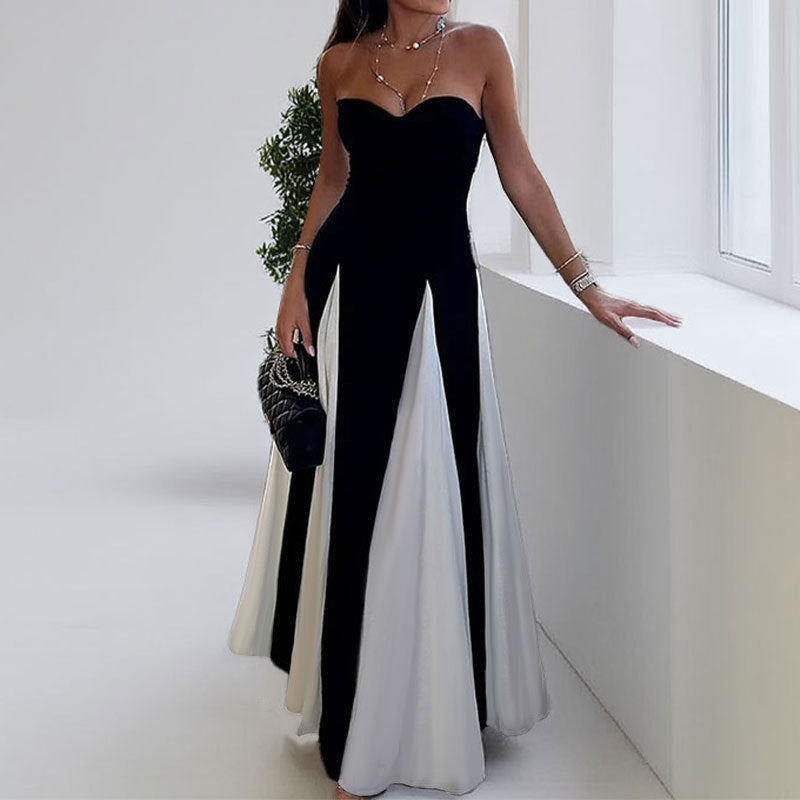 Women's fashionable and elegant halter-neck color-matching loose wide-sleeved beach dress with adjustable waist design