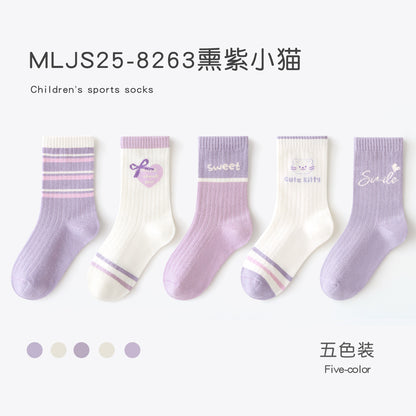 春秋季女童袜子多巴胺运动精梳棉无骨儿童袜子中筒字母蝴蝶结潮袜