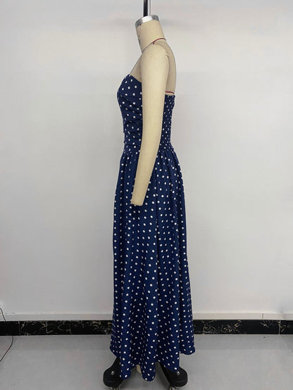 French-style elegant polka dot printed dress with sleeveless, plunging neckline and fitted waist for women
