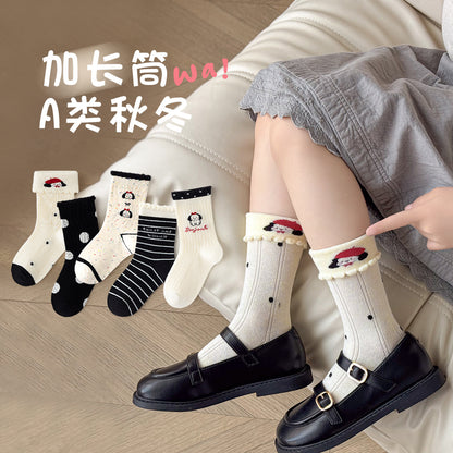 新款女童袜子春秋森系藏青碎花中筒袜日系花边蝴蝶结公主袜儿童袜