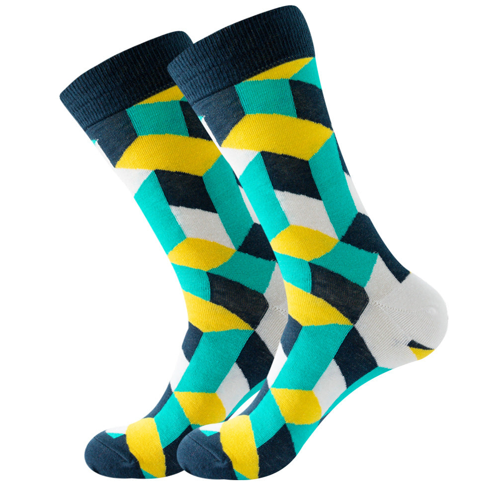 The same style striped men's and women's socks, trendy and colorful, for street wear, featuring a bold and unique design in mid-calf length.