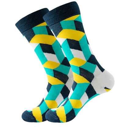 The same style striped men's and women's socks, trendy and colorful, for street wear, featuring a bold and unique design in mid-calf length.