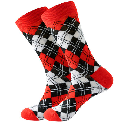 The same style striped men's and women's socks, trendy and colorful, for street wear, featuring a bold and unique design in mid-calf length.
