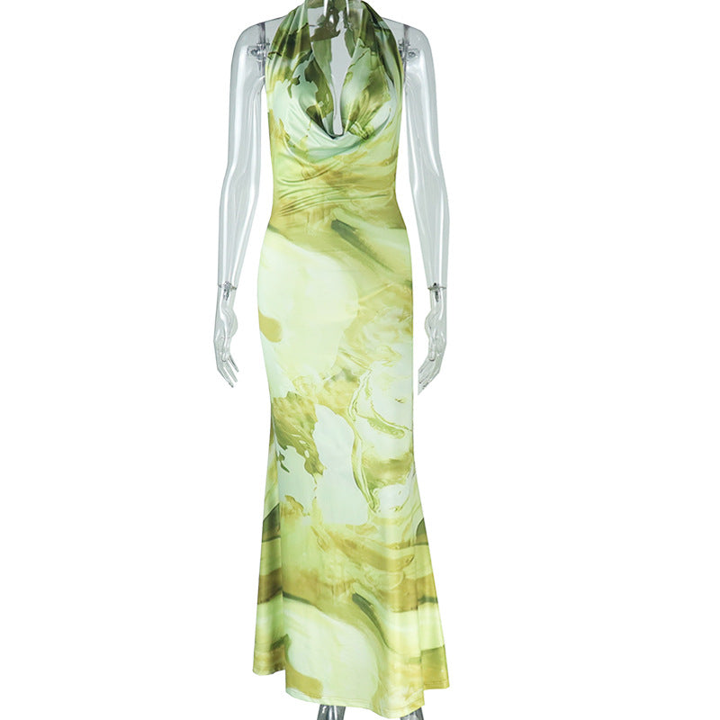 Fresh Women's Clothing - Fashionable Printed Backless Elegant Fish Tail Dress - Shaping Deep V-neck Collarless Dress