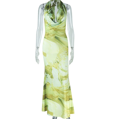 Fresh Women's Clothing - Fashionable Printed Backless Elegant Fish Tail Dress - Shaping Deep V-neck Collarless Dress