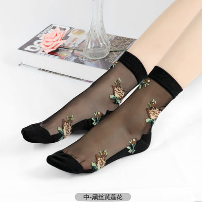Fashion floral pattern series crystal silk stockings mid-calf women's stockings transparent glass silk with cotton bottom manufacturer