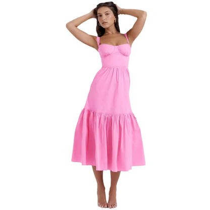 Women's sleeveless bandeau halter top with lace and solid color mid-length spicy style dress with floral pattern cake-shaped A-line skirt