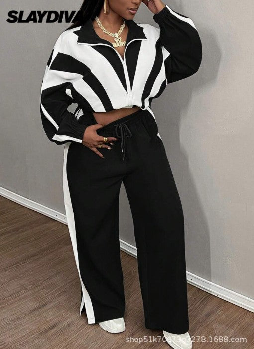 Black and white color-blocked top and wide-leg pants two-piece casual sportswear set, stylish and relaxed.