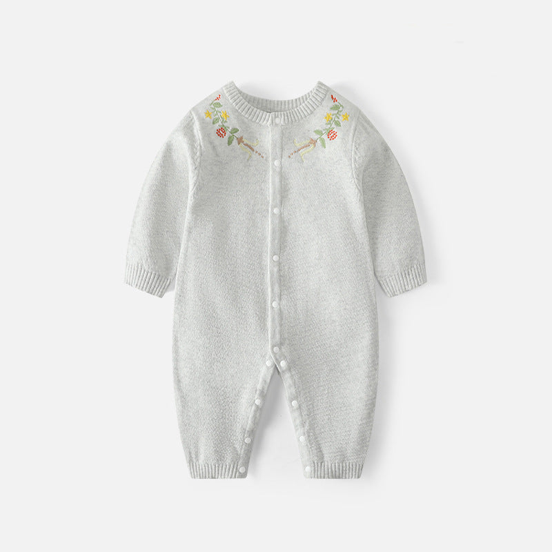 New style baby girl embroidered one-piece dress with flower buttons and round collar sweater for crawling. Spring/autumn newborn knitted one-piece dress.