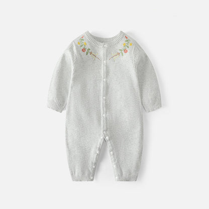 New style baby girl embroidered one-piece dress with flower buttons and round collar sweater for crawling. Spring/autumn newborn knitted one-piece dress.