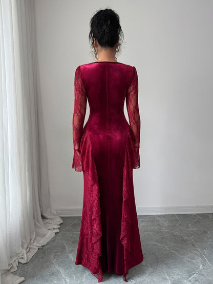 Elegant lace-edged round-neck long dress, women's winter and autumn wear