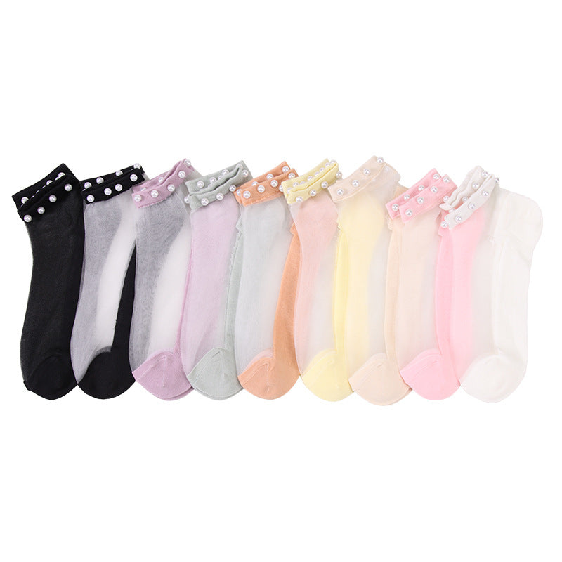 Pearl stockings - children's short socks. Light-mouthed lace summer lightweight netting transparent glass thread crystal socks.