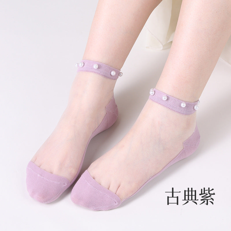 Pearl stockings - children's short socks. Light-mouthed lace summer lightweight netting transparent glass thread crystal socks.