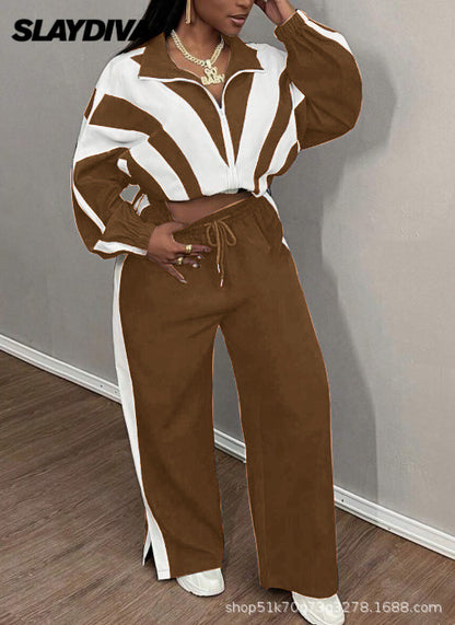 Black and white color-blocked top and wide-leg pants two-piece casual sportswear set, stylish and relaxed.