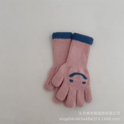 冬季儿童可触屏长款笑脸拼色五指针织手套男女童宝宝保暖分指手套