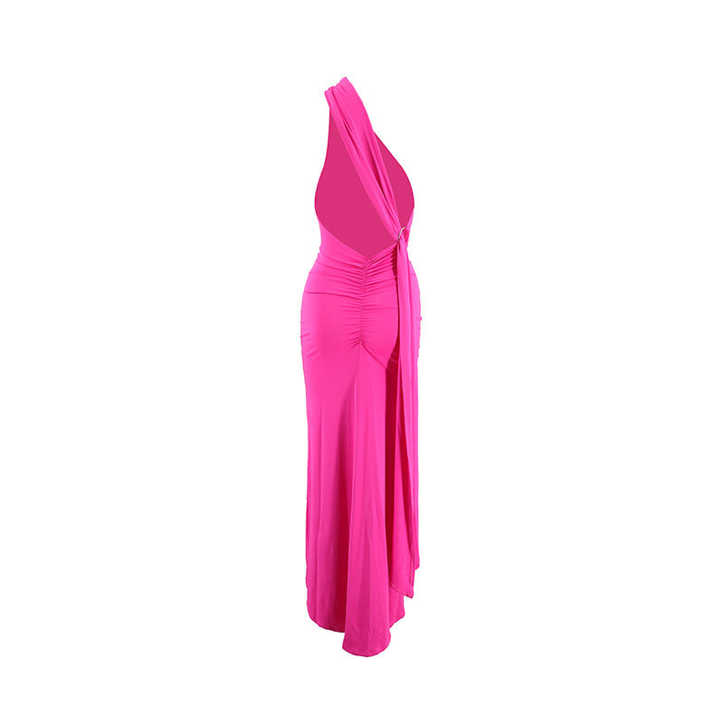 Summer women's fashionable backless, halter-neck, figure-hugging, curvaceous evening dress with a fitted bodice. Women's dress.