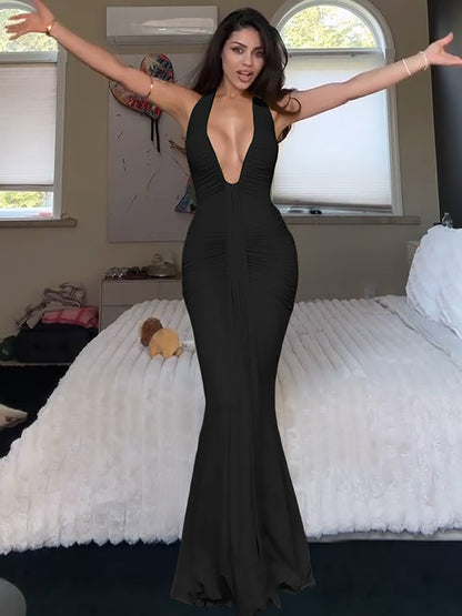 Sexy cut-out V-neck backless fitted pleated spliced strap-neckline dress for women