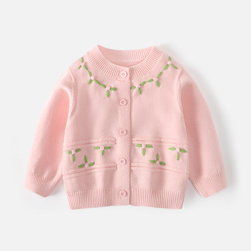 Girls' sweater cardigan princess three-dimensional flower round-neck knitted cotton coat pure color cotton outerwear baby girl A-class sweater