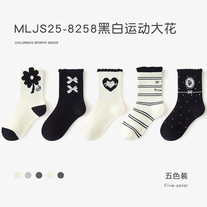 春秋季女童袜子多巴胺运动精梳棉无骨儿童袜子中筒字母蝴蝶结潮袜