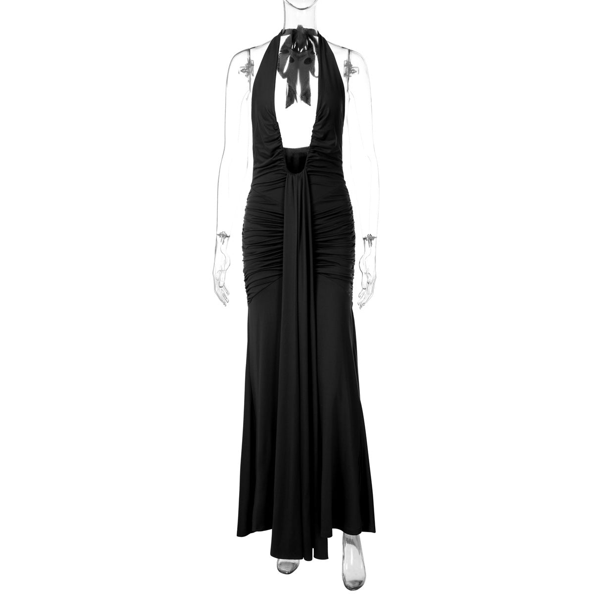 Sexy cut-out V-neck backless fitted pleated spliced strap-neckline dress for women