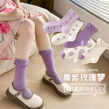 女童袜子春秋森系美拉德中筒袜日系花边蝴蝶结公主袜儿童袜子