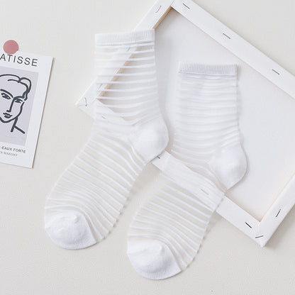 Summer Glass Socks Women's Breathable Mid-Calf Stockings Japanese Style Silk Crystal Stockings Summer Lightweight