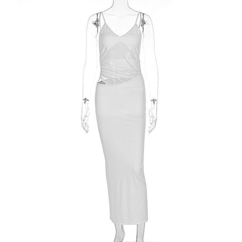 Net fabric seaside vacation long dress with stretch and figure-hugging design for women, featuring a sexy halter top and a one-piece style.
