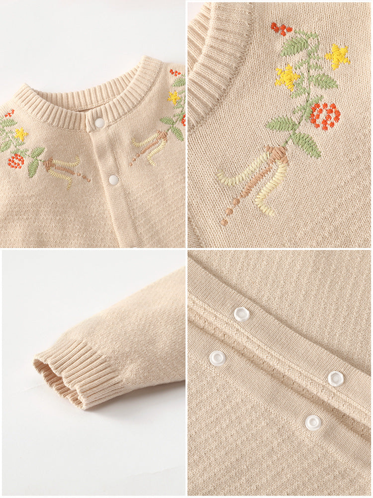 New style baby girl embroidered one-piece dress with flower buttons and round collar sweater for crawling. Spring/autumn newborn knitted one-piece dress.