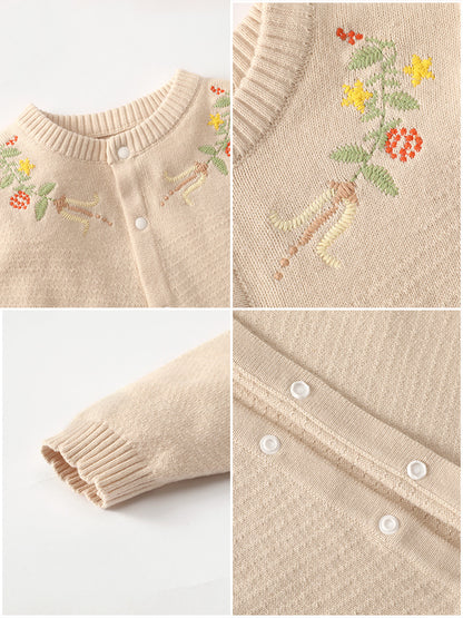 New style baby girl embroidered one-piece dress with flower buttons and round collar sweater for crawling. Spring/autumn newborn knitted one-piece dress.