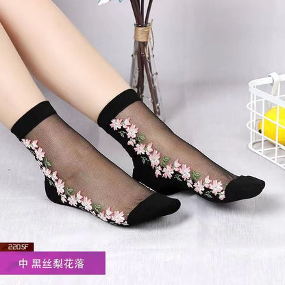 Glass fiber stockings - Children's rose flower sweet anti-slip cotton bottom stockings - Transparent mid-calf women's low-top trendy cotton stockings