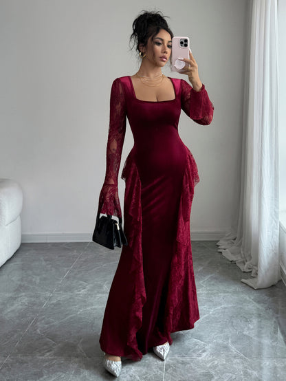 Elegant lace-edged round-neck long dress, women's winter and autumn wear