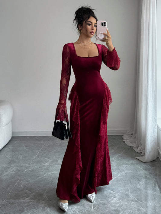 Elegant lace-edged round-neck long dress, women's winter and autumn wear