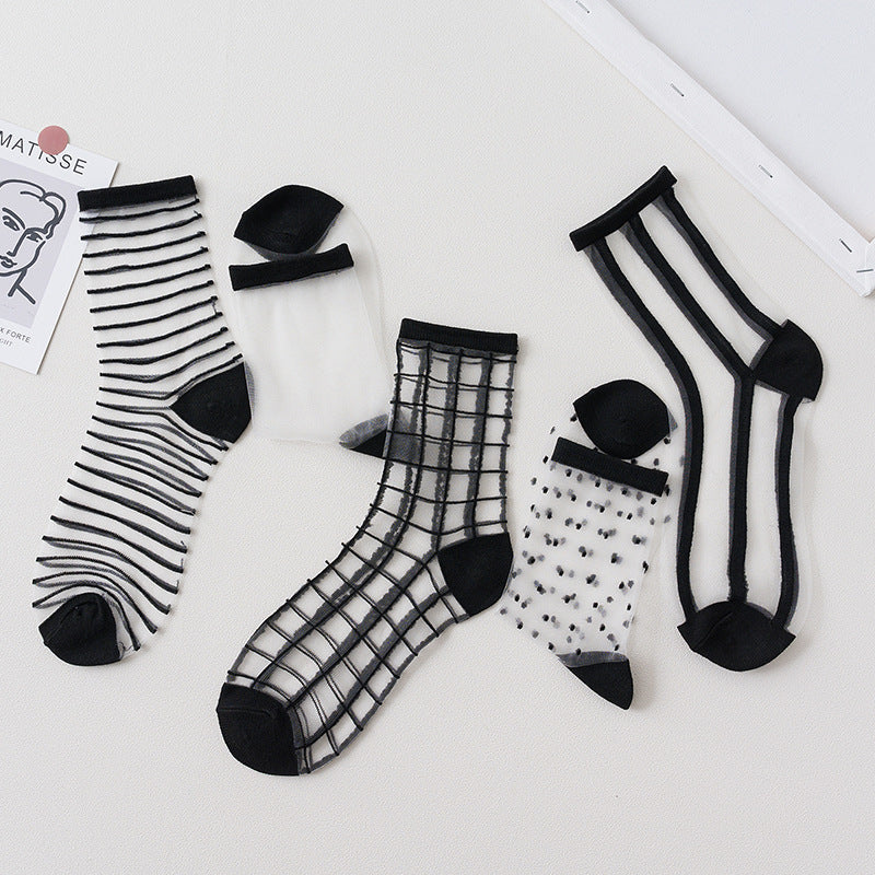 Summer Glass Socks Women's Breathable Mid-Calf Stockings Japanese Style Silk Crystal Stockings Summer Lightweight