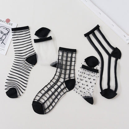 Summer Glass Socks Women's Breathable Mid-Calf Stockings Japanese Style Silk Crystal Stockings Summer Lightweight