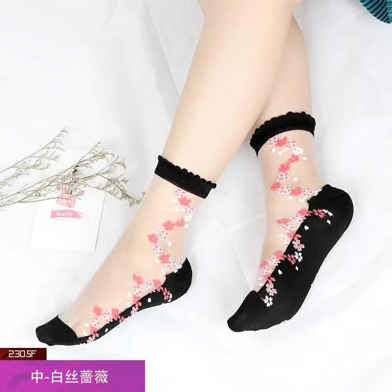 Glass fiber stockings - Children's rose flower sweet anti-slip cotton bottom stockings - Transparent mid-calf women's low-top trendy cotton stockings