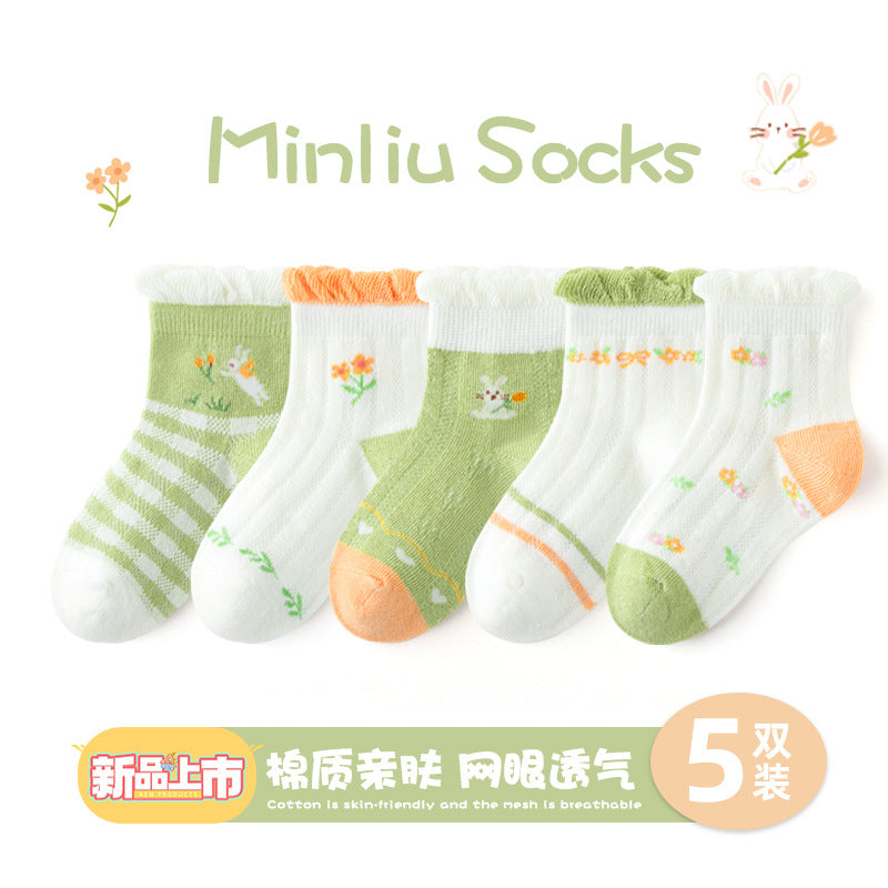 敏榴女童袜子春夏薄款甜美透气网眼儿童袜子中大童棉袜卡通短袜子