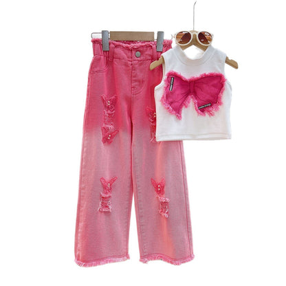 Girls' Summer Set - Two-Piece Set of Sleeveless Hole-Punched Denim Pants for Ages 4-12 - Summer Dress for Girls