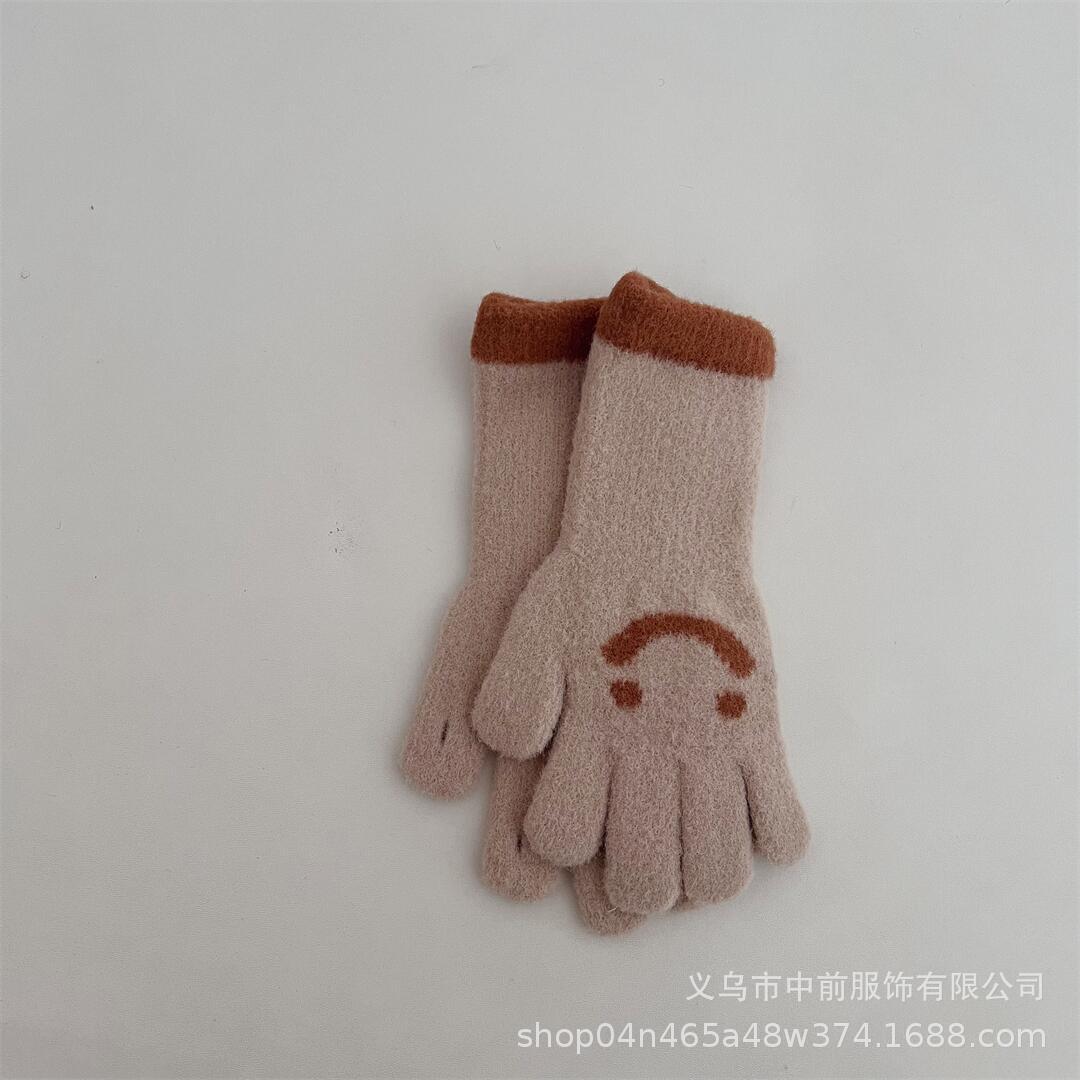 冬季儿童可触屏长款笑脸拼色五指针织手套男女童宝宝保暖分指手套