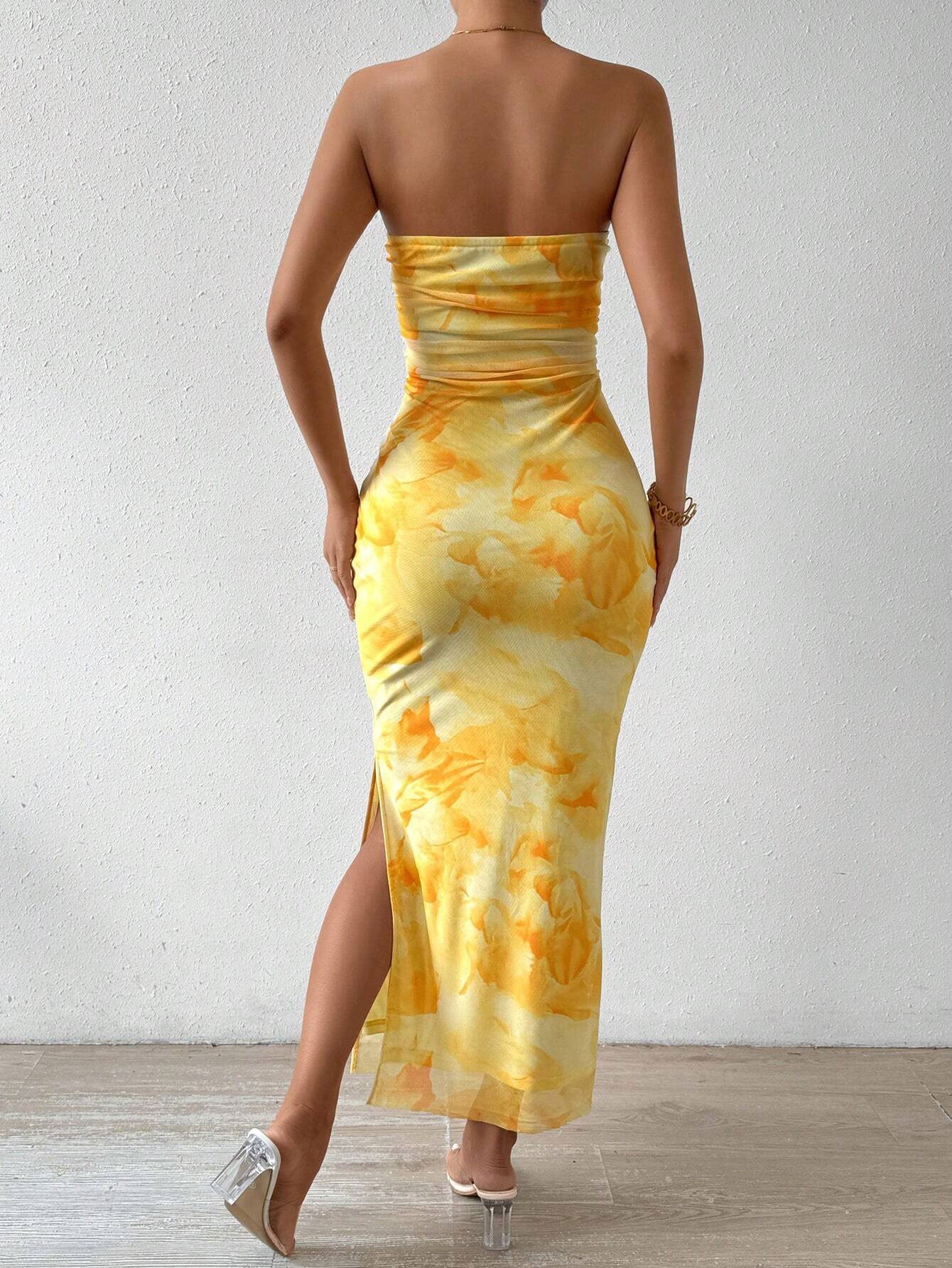 Women's TK net mesh printed dress - Spring/Summer new style, high waist, fitted, slit at the hem, racerback, full skirt