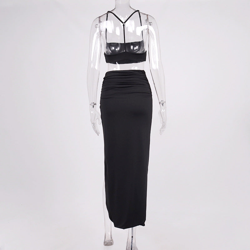 Summer women's dress set - pleated halter-neck strapless high-slit long dress in two pieces