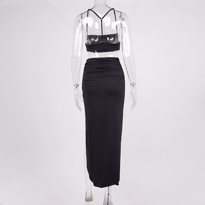 Summer women's dress set - pleated halter-neck strapless high-slit long dress in two pieces