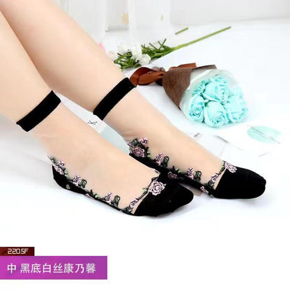 Glass fiber stockings - Children's rose flower sweet anti-slip cotton bottom stockings - Transparent mid-calf women's low-top trendy cotton stockings